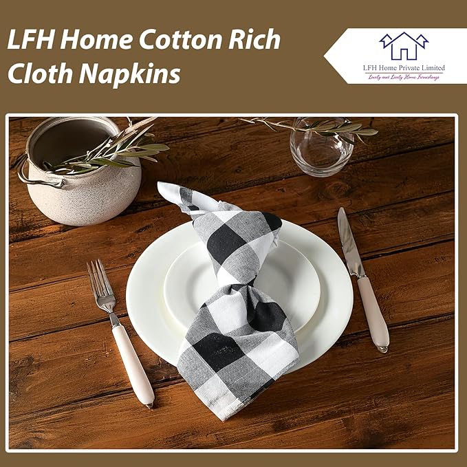 LFH Home 100% Cotton Cloth Reusable Dinner Napkins Set of 12 Washable Soft Decorative Buffalo Plaid Gingham and Checkered Table Napkins for Holidays Wedding Farmhouse Decor 18x18 Inch-Black & White