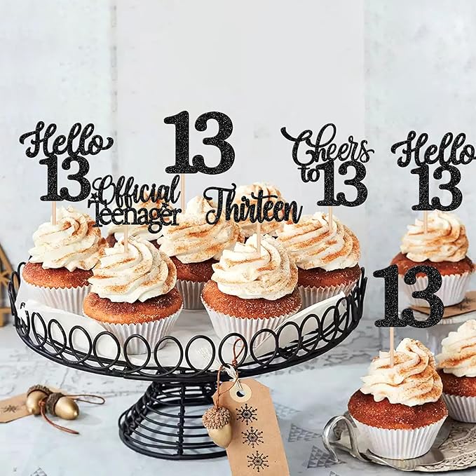 30PCS Happy 13th Birthday Cupcake Toppers Glitter Thirteen Official Teenager Hello 13 Cupcake Picks Cheers to 13 Birthday Decorations for 13th Birthday Anniversary Party Cake Decor Supplies Black