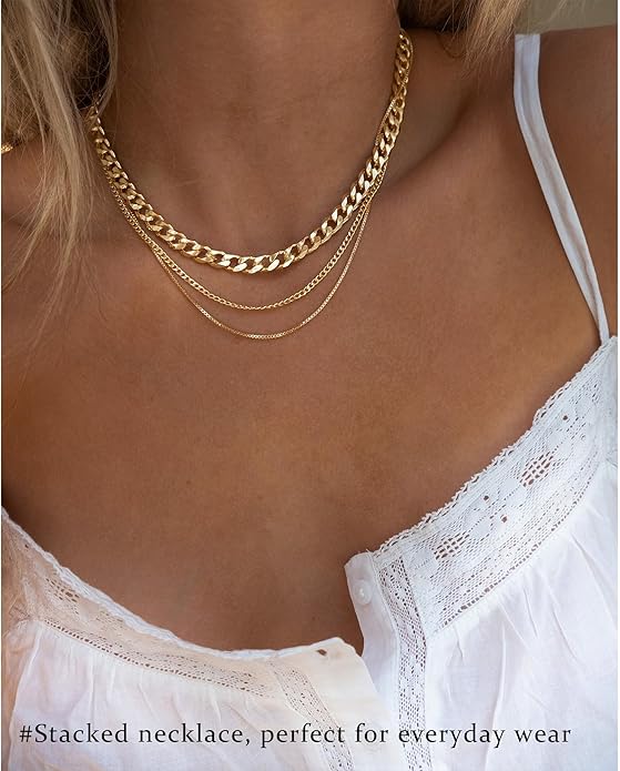 3PCS Gold Necklaces for Women,Chunky Statement Gold Plated Necklace Stack Layered Sterling Silver Herringbone Chains for Women Dainty Trendy Silver Chains Stacked Jewelry Gifts