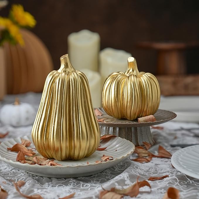 Gold Pumpkin Decor with Stripes, 2Pcs Resin Pumpkins for Decorating, Decorative Pumpkins for Fall Tabletop Decoration, Indoor Home, Autumn Kitchen, Thanksgiving Mantel Decor