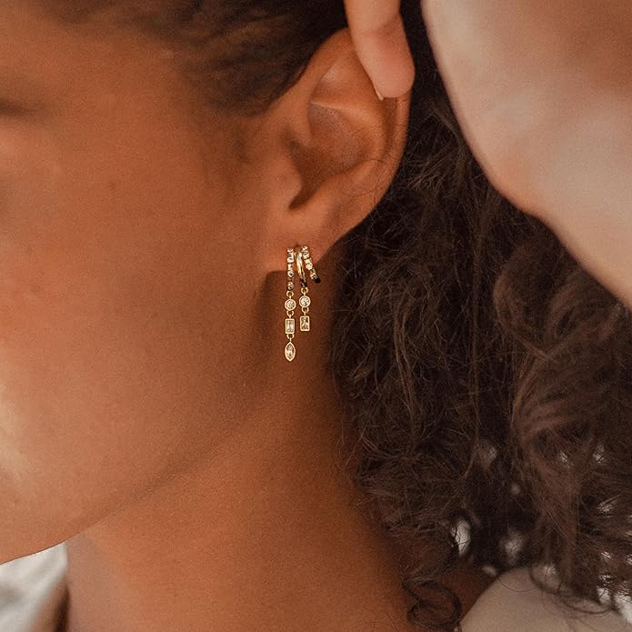 Dangle Earrings For Women,Dainty 14K Gold Plated Hypoallergenic Small Triple Huggie Hoop Earring Gothic Cute Cross Moon Star Drop Earrings For Women Trendy Gold Statement Stud Earring Jewelry