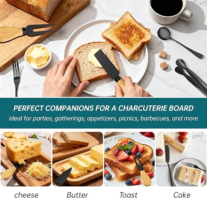 Charcuterie Boards Accessories Bowls with Lids, Cheese Butter Spreader Knife Set Mini Serving Tongs, Forks, Spoons,Dipping Bowls, Toothpick Flags, Honey Dippers For Party Platter Making (Black)
