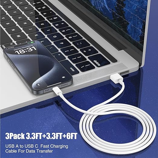 Car Carplay Cable for iPhone 16 15 Pro Plus Pro Max，3-Pack [3.3FT+3.3FT+6FT] USB A to USB C Cable for iPhone 16 15，for iPad Pro/Air/Mini，for Samsung Galaxy S24/S23/S22，for MacBook Pro/Air and More