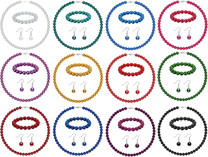 Laumoi Set of 12 Faux Pearl Jewelry 10 mm Round Shell Pearl Big Simulated Pearl Necklace Bracelet Earrings Stunning Bracelet Dangle Earrings Pearl Statement Jewelry Gift for Women, 12 Colors