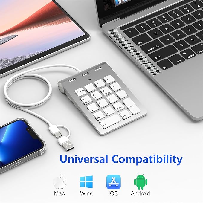 Wired USB C/A Number Pad - Numeric Keypad & Hub with 3 USB2.0 Ports - Portable Slim 18 Key Number Keypad Keyboard for Laptop PC Pad Surface MacBook, Wired Numeric Keypad with Type C & USB Cable 1.6Ft