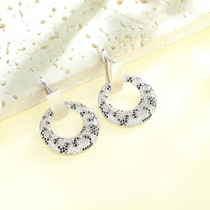 Rose Gold Hoop Earrings for Women, 925 Silver-Plated Thickened Hypoallergenic Earrings, CZ Black Gemstone-Inlaid Earrings - Women's Fashion Jewelry