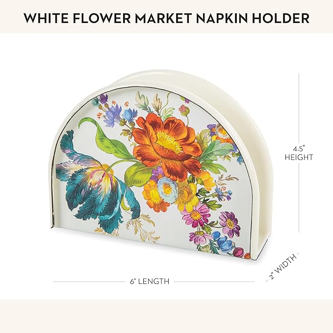 MACKENZIE-CHILDS Enamel Napkin Holder, Kitchen Napkin Holder for Table and Countertop, White Flower Market