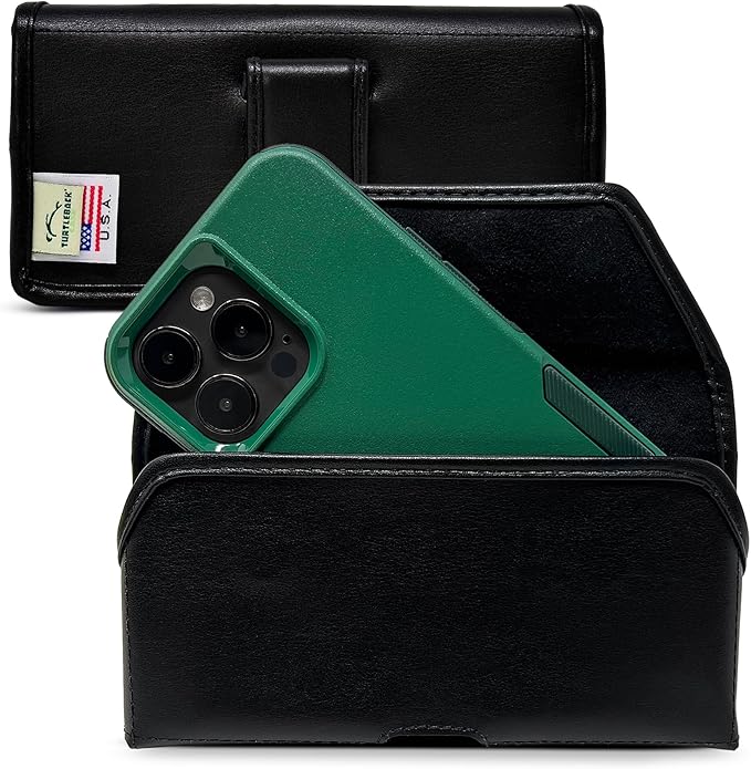 Turtleback Belt Holder for iPhone 16 Pro Max, 15 Pro Max, 14 Pro Max -Medium- Fits w/Shockproof Commuter Style Cases, Premium Black Leather Horizontal Case Magnetic Closure Leather Wrapped Clip