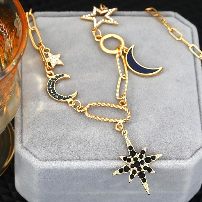 Charm Necklace for Women Gold Evil Eye Sun Moon Flower Coin Pendant Necklace Dainty Paperclip Chain Vintage Luck Amulet Choker Necklaces Celestial Jewelry Gift