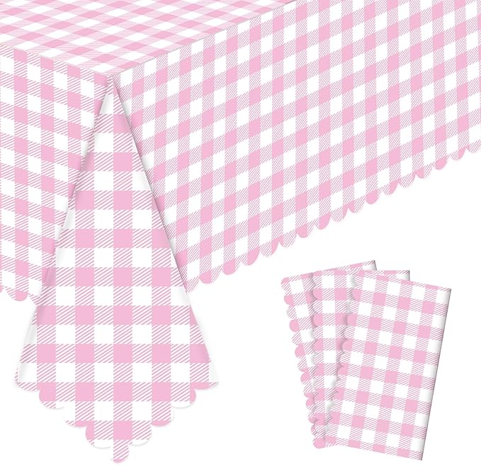 3 Pack Pink Gingham Tablecloths, 54 X 108Inch Disposable Party Table Covers Scalloped Pink Checkered Table Cloth Waterproof Pink White Tablecloth for Picnic Birthday Barbecue Tea Party Wedding