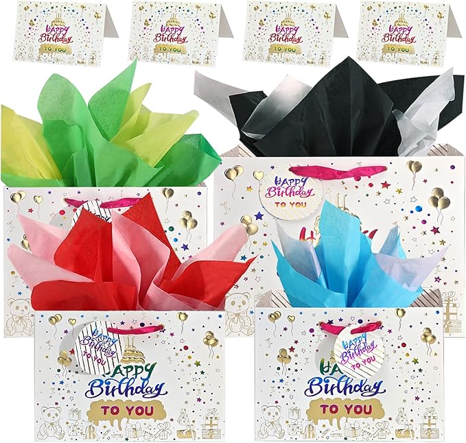 suosicn Birthday Gift Bag with Handle and Tissue Paper, Birthday Gift Bags Assorted Sizes 2 Small 8.3" 1 Medium 10.3" 1 Large 12.8" (4 Golden Birthday Cake Gift Bag)