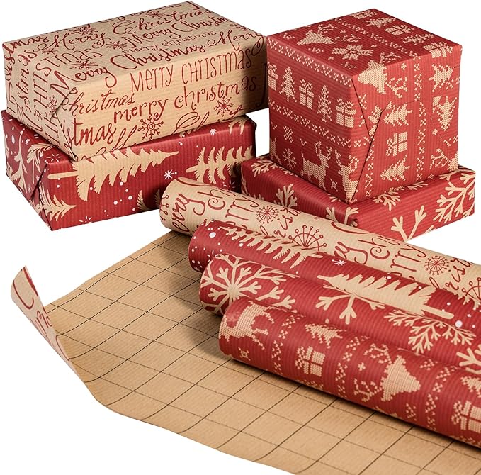 RUSPEPA Christmas Kraft Wrapping Paper Roll - Red Reindeer, Snowflake, Christmas Tree and Text Design - 17 inches x 10 feet per Roll, Total of 4 Rolls
