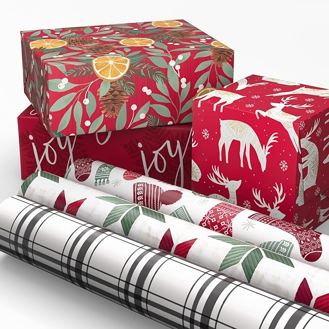 Hallmark Recycled and Recyclable Christmas Wrapping Paper Rolls with Cutlines on Reverse (6 Rolls: 150 Sq. Ft. Total) Deer, Mittens, Citrus with Pinecones, Red and Green Quilt