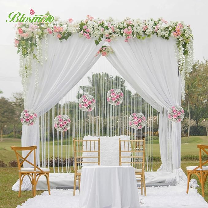 BLOSMON Fake Flowers Ball Centerpieces: 2 Pcs Pink Rose Babys Breath Artificial Flowers Wedding Decoration for Table Silk Kissing Floral Bouquet Arrangements for Home Party DIY Decor