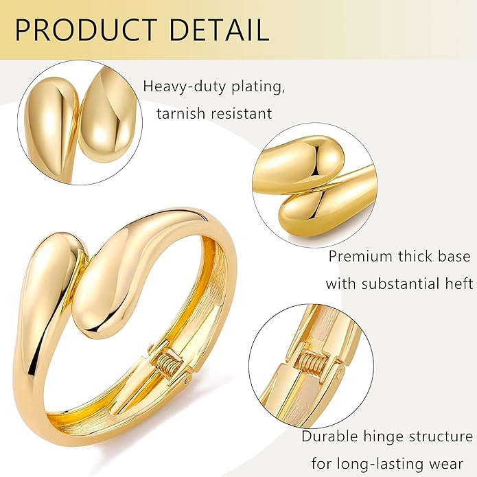 Eioi & Lmnm Gold Bangle Bracelets for Women, Chunky Gold Cuff Bracelet, Hinged Waterdrop Bangle, Statement Bracelet, Trendy Jewelry for Women