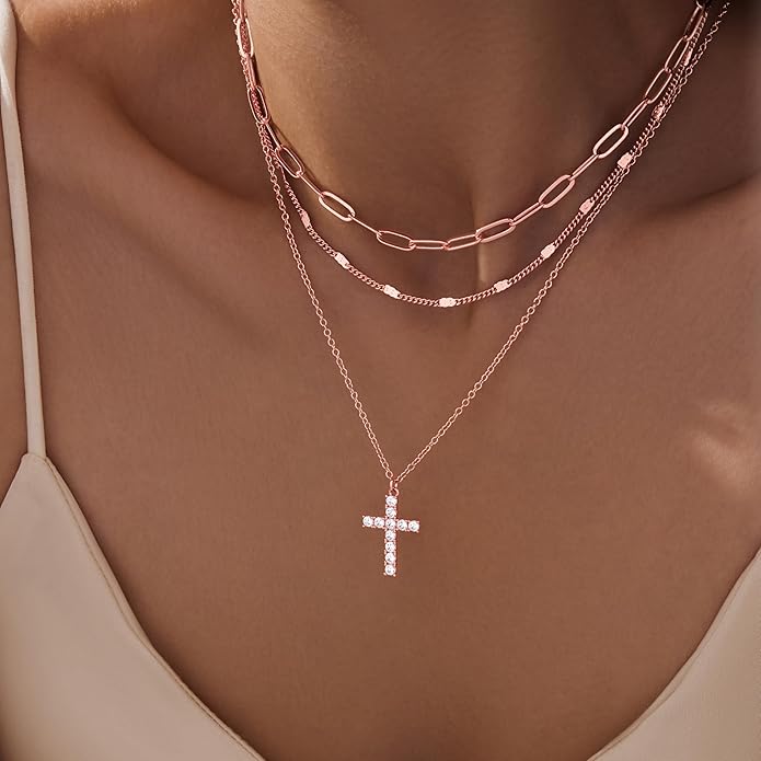 Layered Gold Necklaces for Women, Stackable Dainty 14K Gold Silver Plated Trendy Simple Heart Diamond Cross Bow Circle Pendant Paperclip Choker Dot Chain Necklace,Jewelry Set Gifts for Women