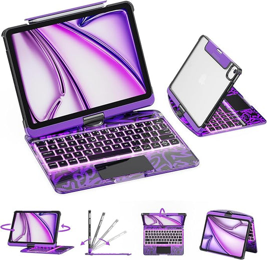 GUSGU for iPad Air 11 Inch (M3/M2,2025/2024) Transperant Case with Wireless Keyboard, 7 Color Backlight, Trackpad, 360°Rotating Stand for 10.9" iPad Air 5th/4th, 11" iPad Pro 4/3/2/1 Case, Cyberpunk