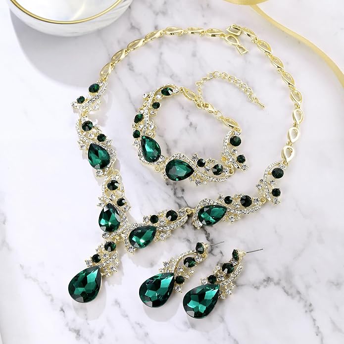 BriLove Wedding Bridal Jewelry for Women Multi Teardrop Cluster Crystal Statement Necklace Dangle Earrings Link Bracelet Set