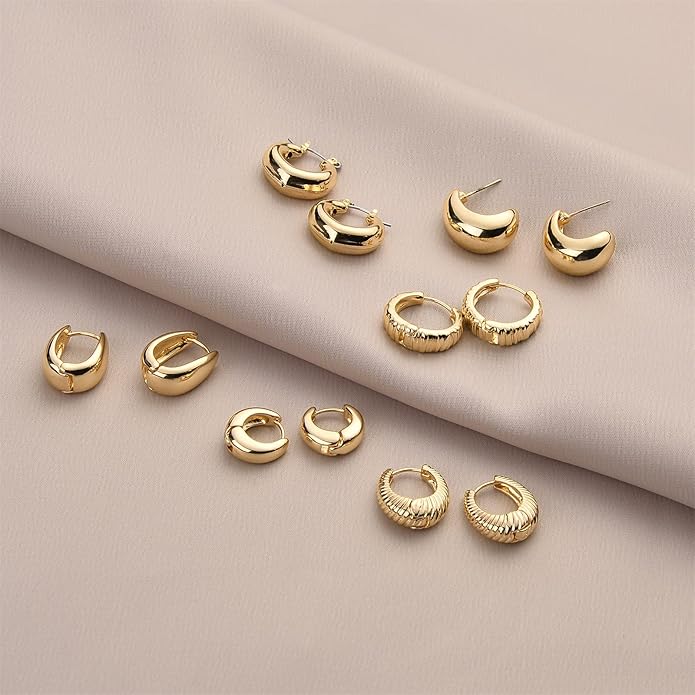 Wgoud Chunky Hoop Earrings Set 14K Gold Plated Hoop Earrings for Women Hypoallergenic, Thick Twisted Huggie Hoops Earring Set