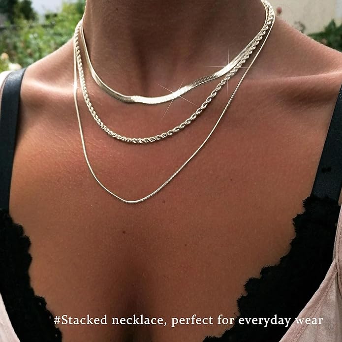 3PCS Gold Necklaces for Women,Chunky Statement Gold Plated Necklace Stack Layered Sterling Silver Herringbone Chains for Women Dainty Trendy Silver Chains Stacked Jewelry Gifts