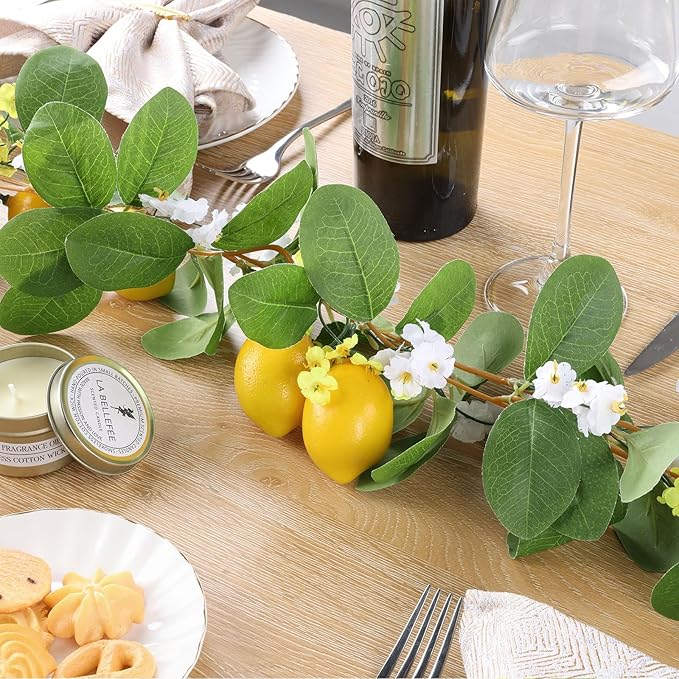 U'Artlines 4Pcs Total 22 Ft Artificial Lemon Garland Spring Summer Faux Fruit Vine Garlands with Greenery for Door Wall Mantle Wedding Party Table Decorations