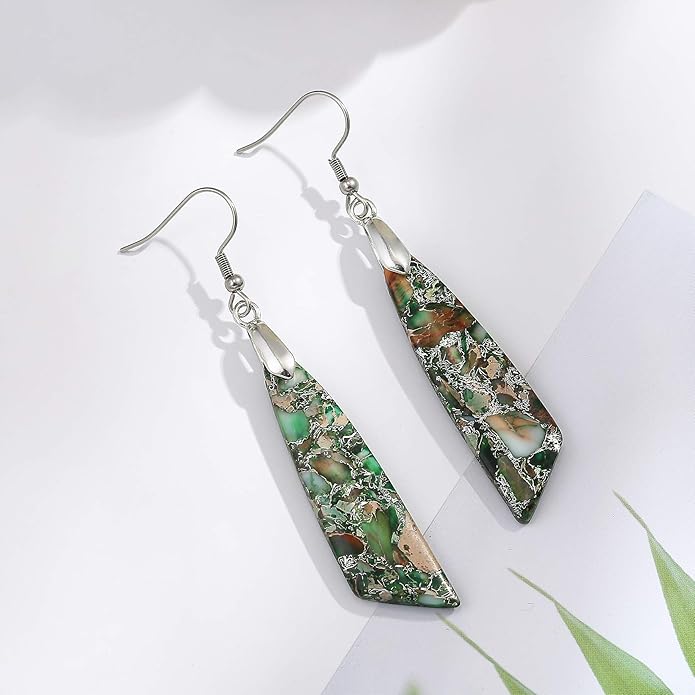 Boho Women Natural Stone Earrings Unique Healing Imperial Jasper Gemstone Energy Hypoallergenic Lightweight Dangle Drop Earrings Multiple Styles Earrings Jewelry for Birthday Party Gift