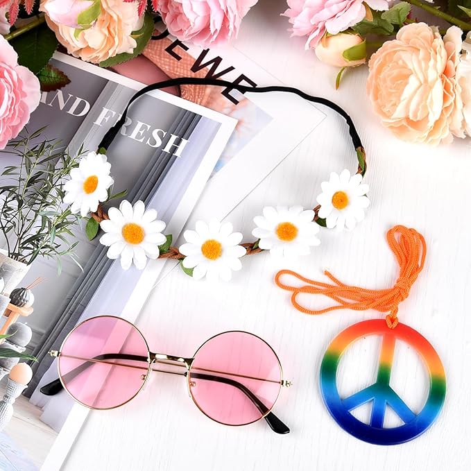 NEBURORA Hippie Costume Accessories Set 60s 70s Daisy Headband Peace Sign Necklaces Hippie Sunglasses for Carnival Party