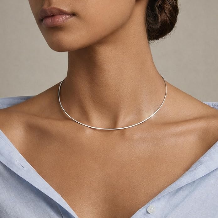 Dainty Choker Necklace for Women, Minimalist Simple Thin Lightweight Collar Choker, 14K Gold Plated Stainless Steel, Hypoallergenic Fashion Trendy Jewelry, Open Cuff Bangle Inspired Design Jewelry
