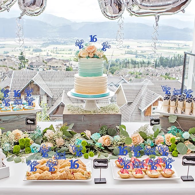 30PCS Happy 16th Birthday Cupcake Toppers Glitter Sweet Sixteen Hello 16 Cupcake Picks Cheers to 16 Birthday Decorations for 16th Birthday Anniversary Party Cake Decoration Supplies Blue