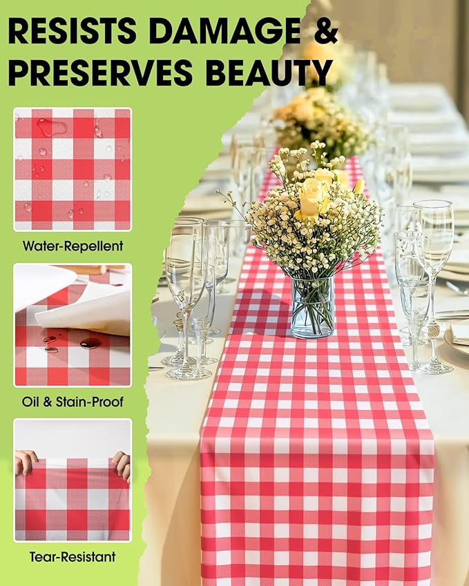 Pureegg Gingham Plastic Table Runners - 12 Pack, 14'' x 108'', Water Resistant & Disposable Plaid Centerpiece Decorations for Table Cloth, Birthday, Holiday, Party, Red and White Checkered Home Decor