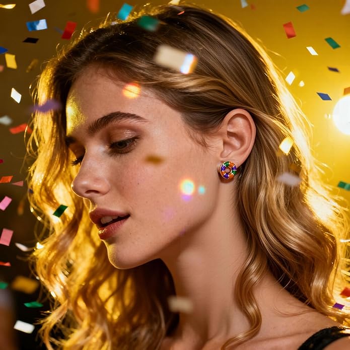 MardiGras Stud Earrings for Women Glitter Delicate Compact Flower Mask Hat Lips Stud Earring Charm Green Purple Gold Carnival Earring Cute MardiGras Jewelry Accessories for Women
