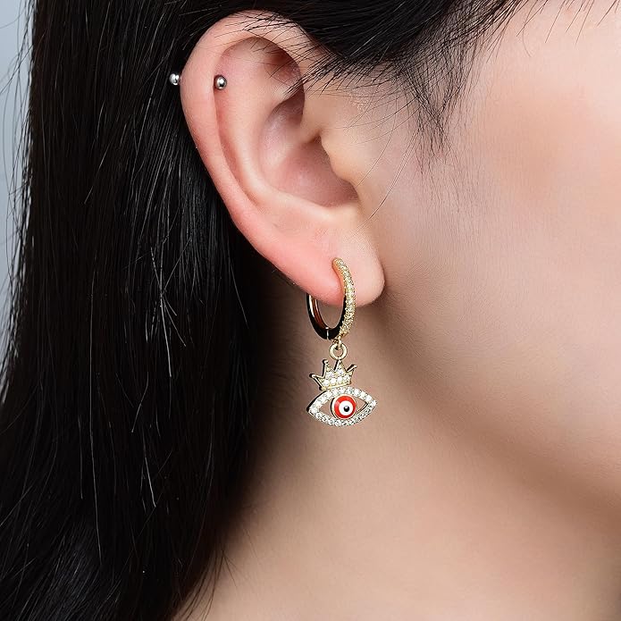 Evil Eye Earrings 14K Gold Crown Delicate Crystal Devil's Eye Huggie Drop Earrings, Fashion Christmas Jewelry Gift for Her Evil Eye Jewelry Gifts for women