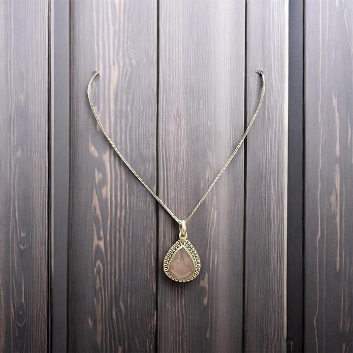 Sterling Silver Necklace with Rose Quartz Teardrop Pendant, Beaded Frame Design, Delicate Chain