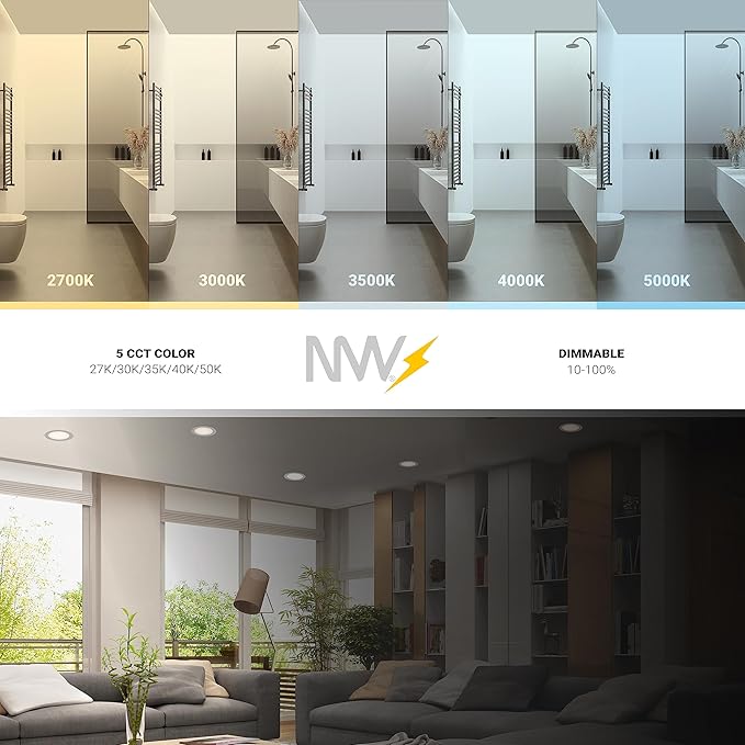 NUWATT 12 Pack, 4 Inch 2 Hour Fire Rated LED Recessed Light, 2700K/3000K/3500K/4000K/5000K Selectable, 900 Lumens, Dimmable, IC Rated, Wet Rated Ultra Thin Canless LED Downlight, No Fire Cone Needed