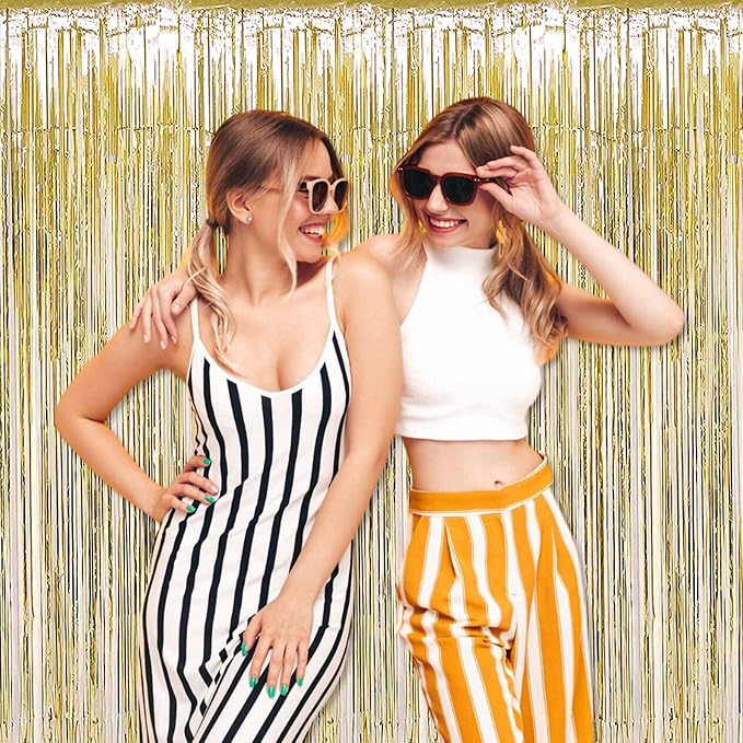 3 Pack Light Gold Foil Fringe Curtains Backdrop, 3.28 x 8.2 Ft Metallic Streamers Tinsel Curtains Background for Photo Booth, Birthday, Halloween, Christmas, Thanksgiving, New Year Party Decorations