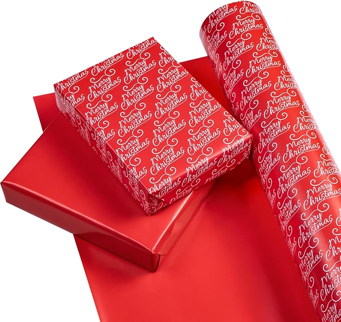 WRAPAHOLIC 30 Inch Jumbo Reversible Red Christmas Wrapping Paper - 30 Inch x 100 Feet Jumbo Roll Merry Christmas and Solid Red Wrapping Paper for Holiday, Party Celebration