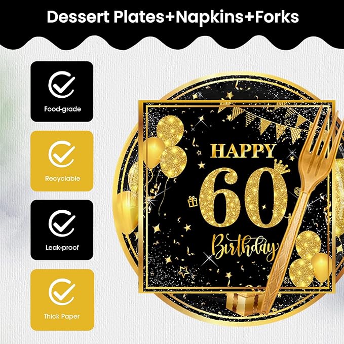 60th 7 inch Birthday Party Paper Plates and Napkins Forks 60 pcs Black Gold Decorations for Boys Girls Tableware Set for Birthday Anniversary Party Supplies,Serve 20
