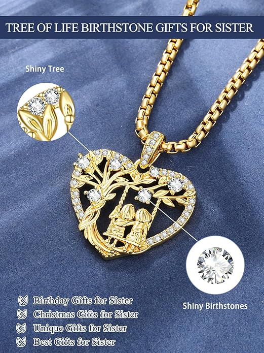 14K Gold Tree of Life Necklace for Sister Christmas Gifts from Sister,Heart Jewelry with Birthstone Pendant for Women Female Friendship Forever My Friend