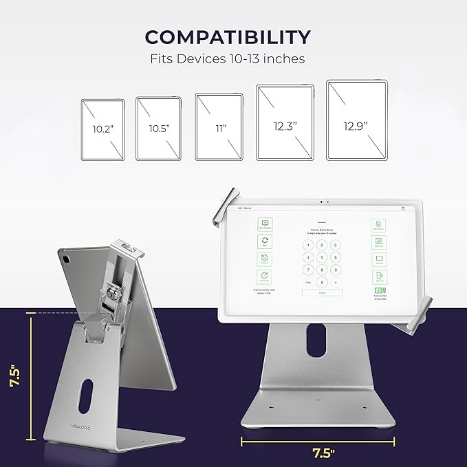 Volcora Anti-Theft Tablet Stand iPad Security Holder with Lock, Silver 10-13 Inch Kiosk Stand Mount, Swivel, Adjustable, for iPad Pro, Air, POS Register, Retail Business, Checkout, Cashier