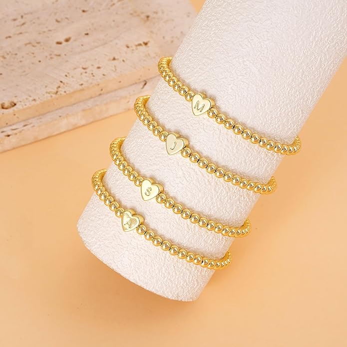 Valentines Day Gifts for Women Her - Dainty Beaded Heart Initial Bracelets Letter A-Z Charm Stretch Bead Ball Bracelet Trendy Jewelry Gifts
