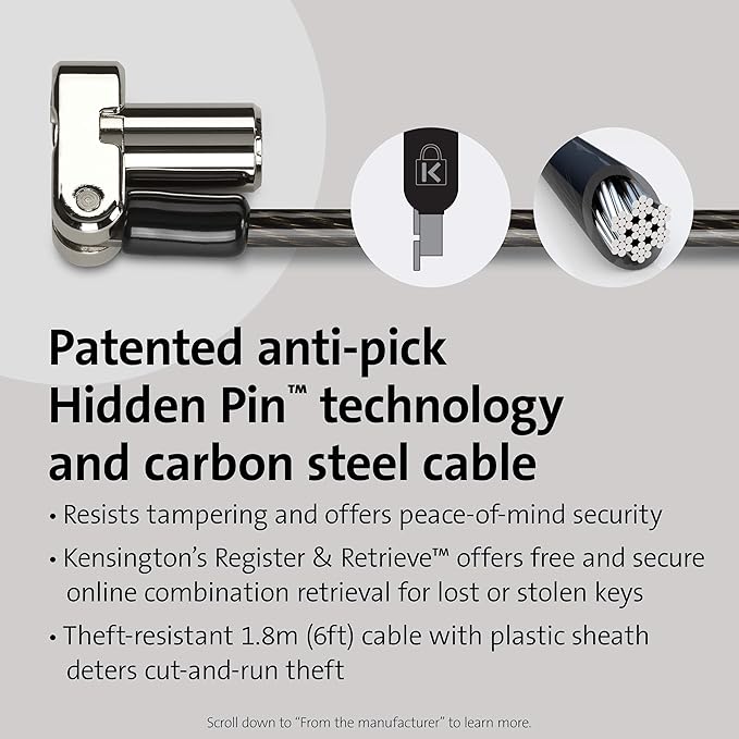 Kensington Universal 3-in-1 Keyed Laptop Locking Cable, Computer Security Keyed Lock, T-bar, Nano, Wedged-shaped (K62318WW)