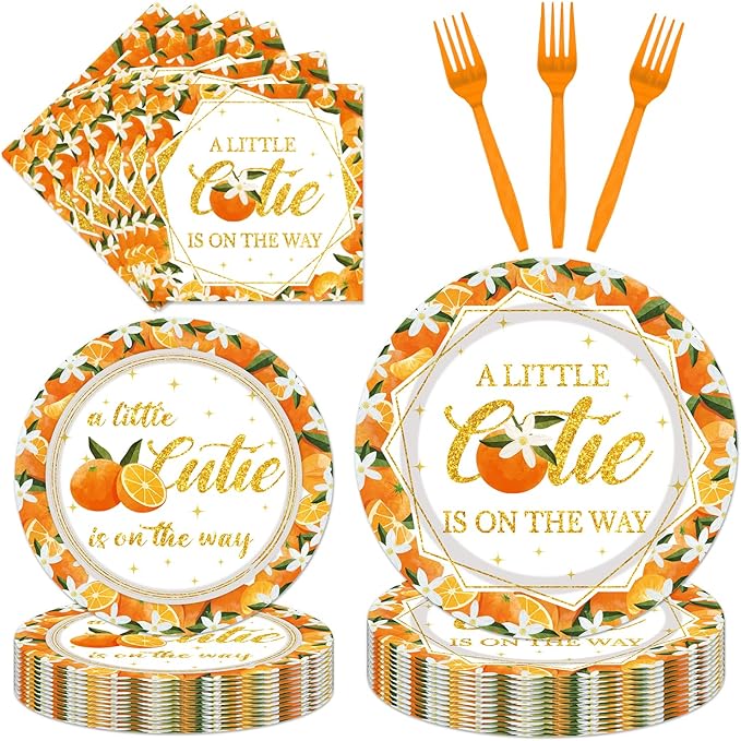 Little Cutie Baby Shower Decorations - 96PCS A Little Cutie Is on the Way Plates and Napkins Party Supplies Orange Tangerine Citrus Baby Shower Disposable Paper Tableware Set Serves 24 Guests