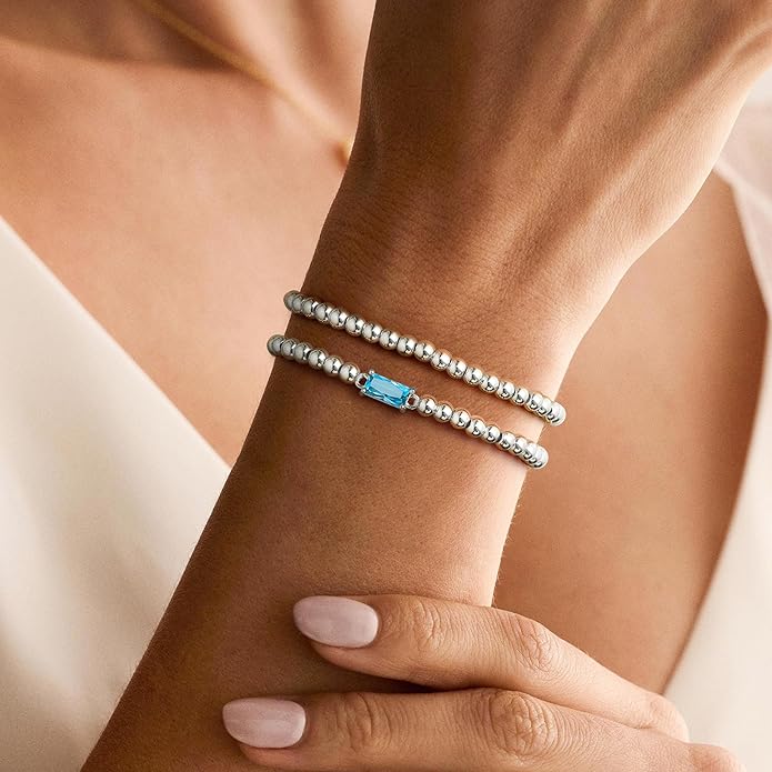 Ursteel Valentines Gifts for Her Kids Girls, Elastic Birthstone Bracelet for Women 14K-Gold-Plated Beaded Bracelet Non Tarnish Trendy Birthstone Jewelry Birthday Gifts for Women