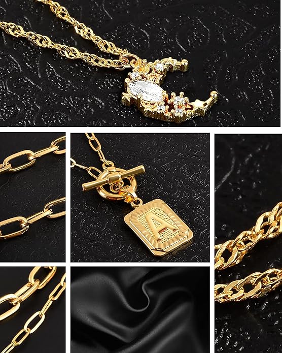 MJartoria Layered Initial Necklaces for Women Trendy, 14K Gold Plated Brass Simple Moon Choker Square Letter Pendant Necklace, Paperclip Chain Necklaces Jewelry Gifts