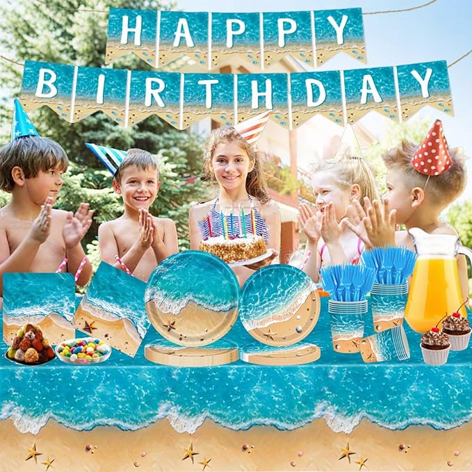 Beach Party Decorations, Ocean Themed Party Decorations Include Plates Napkins, Cake Topper, Cups Banner Tablecloth for Hawaiian Pool Summer Birthday Party Supplies, Serve 20
