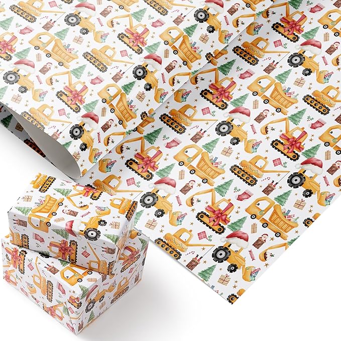 PlandRichW Construction Christmas Wrapping Paper - Cute santa with Hat Trucks, Cranes, Excavators & Xmas Trees - 40×28 Inch Xmas Gift Wrap, 4 Folded Sheets for Kids & Adults