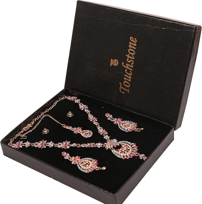 Touchstone Indian jewelry sets for women maang tikka wedding guest gold necklace bollywood jewellery set pageant elegant prom bride accessories western crystal chunky rhinestone necklaces