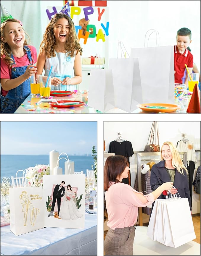 BAG BOX 100 Pack 5.9x3.1x8.25 Inch White Gift Bags with Handles,Bulk Kraft Paper Bags for Shopping, Retail, Merchandise, Wedding, Party Favors, Paper Grocery Sacks