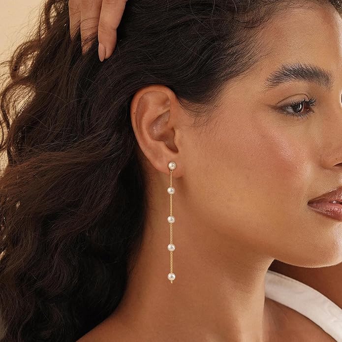 Moodear Gold Dangle Earrings for Women Trendy Dainty 14K Gold Plated Pearl Flower Dangle Drop Stud Chain Earrings Hypoallergenic Long Dangle Earrings for Women Wedding Jewelry Gifts
