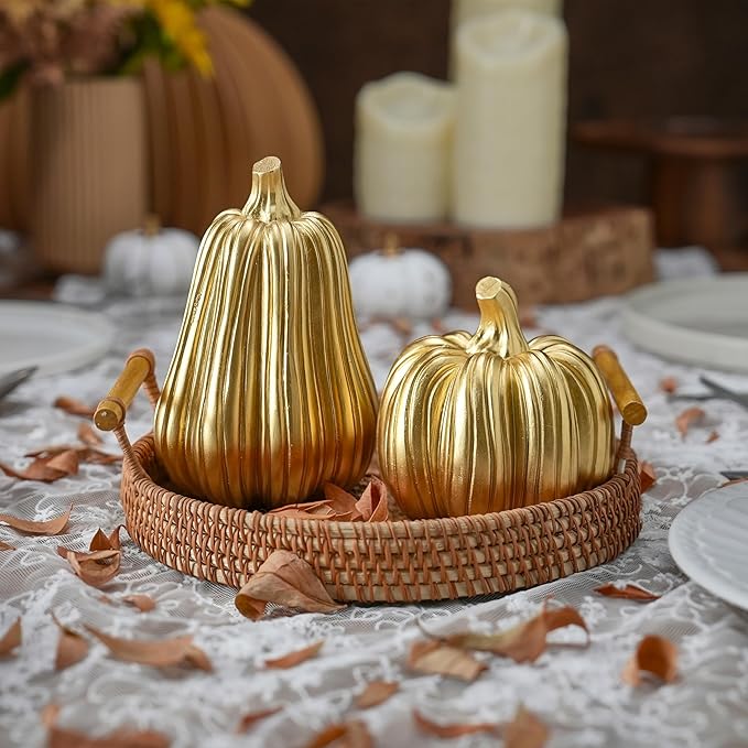 Gold Pumpkin Decor with Stripes, 2Pcs Resin Pumpkins for Decorating, Decorative Pumpkins for Fall Tabletop Decoration, Indoor Home, Autumn Kitchen, Thanksgiving Mantel Decor